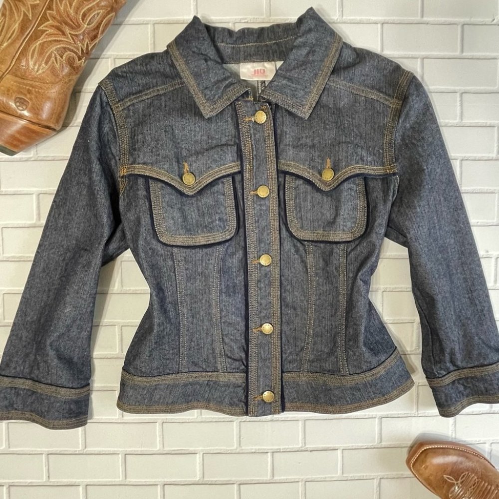 🌿 JLo Dark Blue Denim Jean Jacket with Velvet Trim - XL